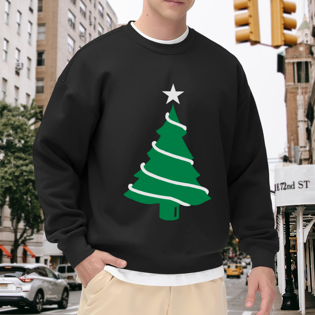 Festive Minimalist Christmas Tree with Star Crewneck Sweatshirt for Holiday Events and Cozy Seasonal Style