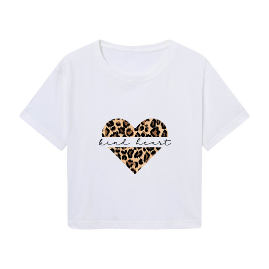 Y2K White Crop Top With Leopard Print Kind Heart Graphic