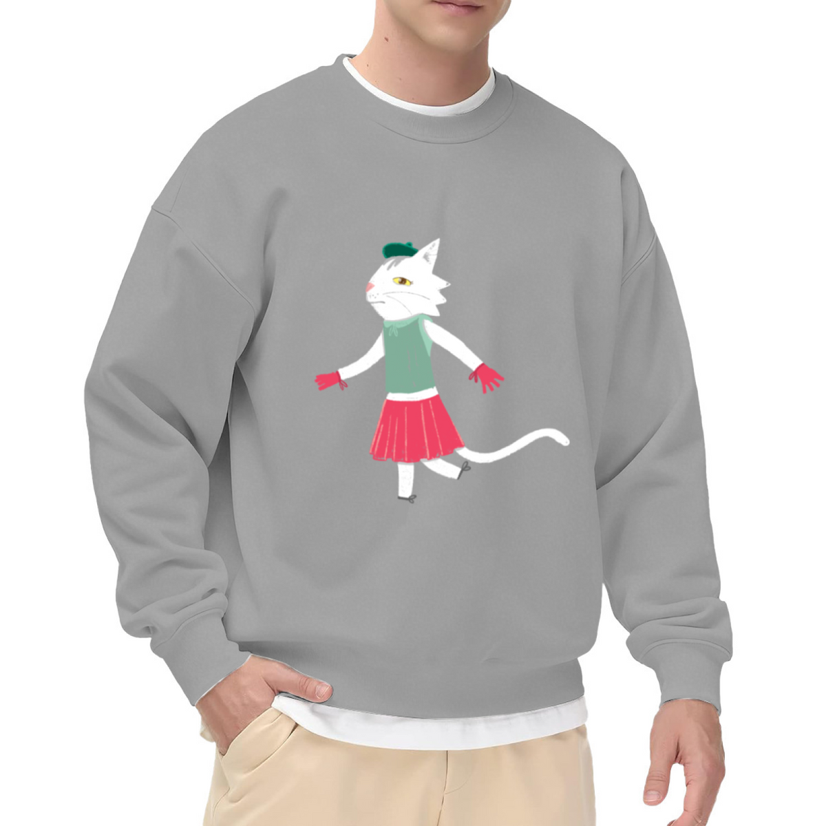 Dancing Cat Hand Drawn Crewneck Sweatshirt, Playful Cartoon Cat Pullover, Cat Lover Gift