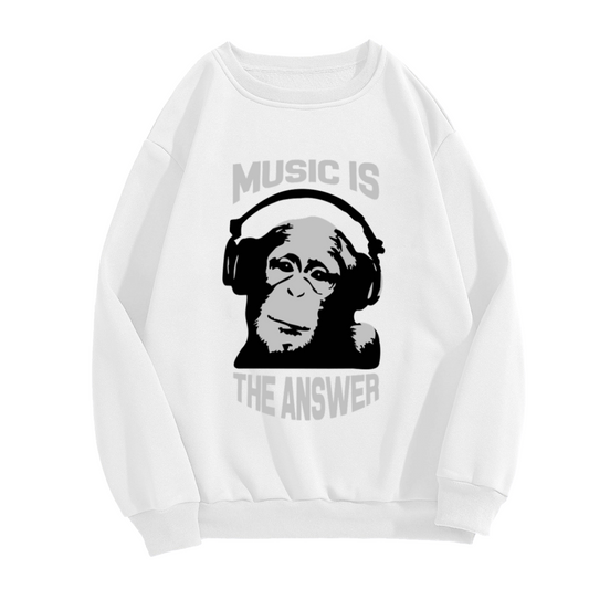Music Is The Answer Gorilla Crewneck Sweatshirt - Cool Ape Headphones Graphic, DJ Streetwear Pullover, Beat Lover Top