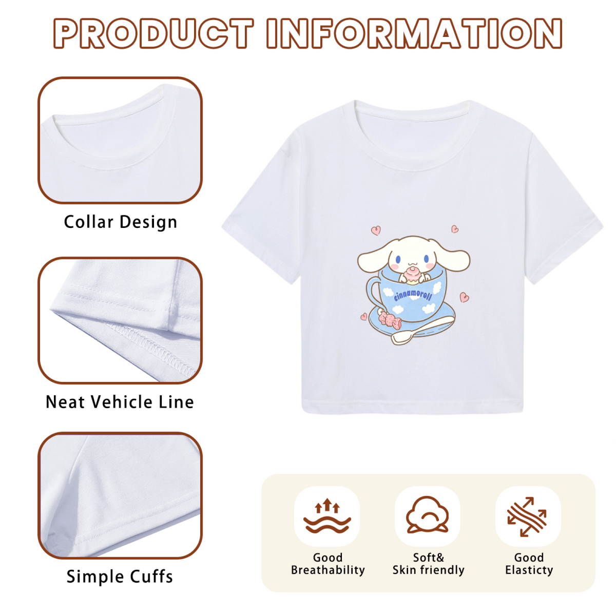 Sweet Teacup Cinnamoroll Heart Accent White Cropped Top