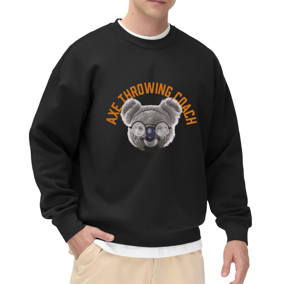 Axe Throwing Coach Sweatshirt | Funny Cartoon Koala Graphic Crewneck, Retro Coach Humor Pullover Top, Gift for Axe Throwing Lovers