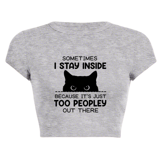 Introvert Black Cat Too Peopley Funny Gray Crop Tee