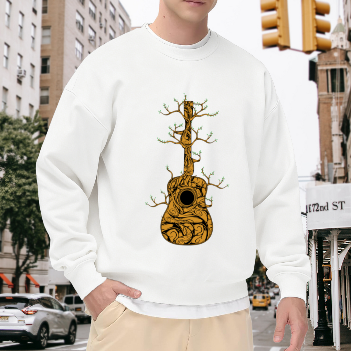Vine Guitar Crewneck Sweatshirt | Organic Nature Music Pullover, Hand-Drawn Twisted Branch Acoustic Guitar Graphic Top, Music Lover Gift