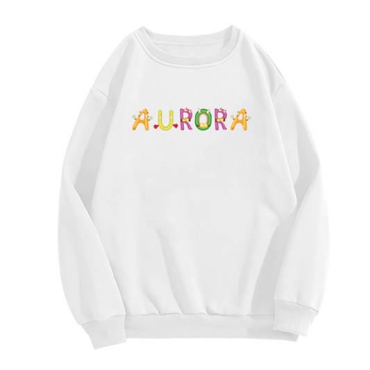 Aurora Monster Letters Crewneck Sweatshirt | Cute Colorful Cartoon Alphabet Pullover, Playful Character Graphic Top, Kids Gift