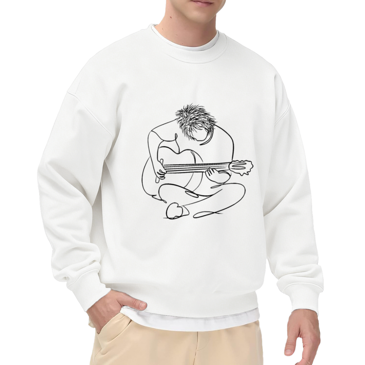 Single Line Art Guitar Player Crewneck Sweatshirt | Minimalist Continuous Line Musician Pullover, Guitar Lover Gift