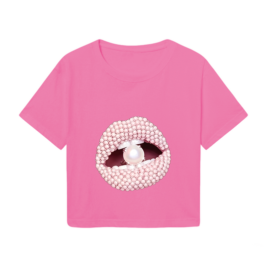 Luxury Pearl Beaded Lips Glam Hot Pink Crop Tee