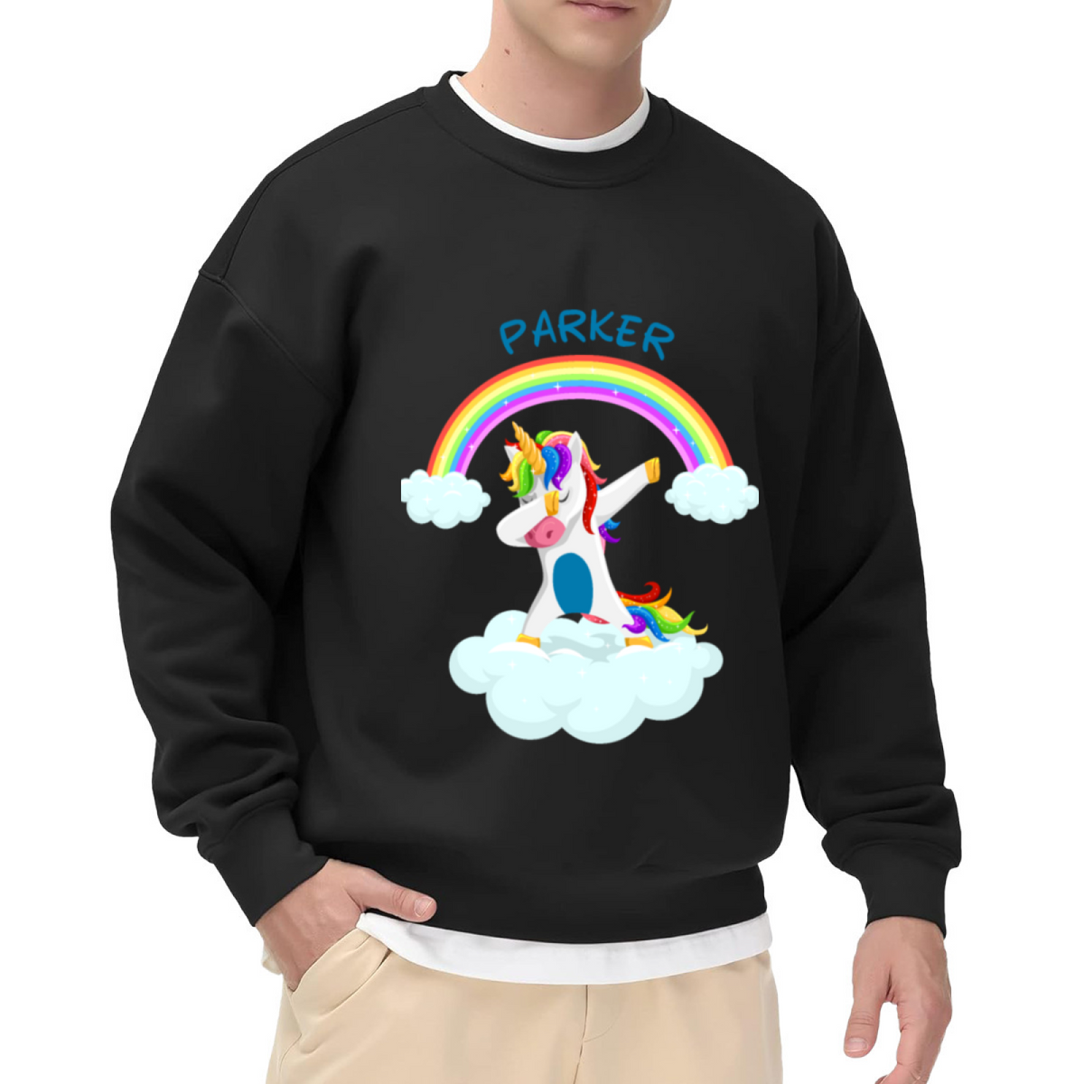 Personalized Dabbing Unicorn Rainbow Crewneck Sweatshirt | Custom Name Unicorn Cloud Pullover, Kids Birthday Gift