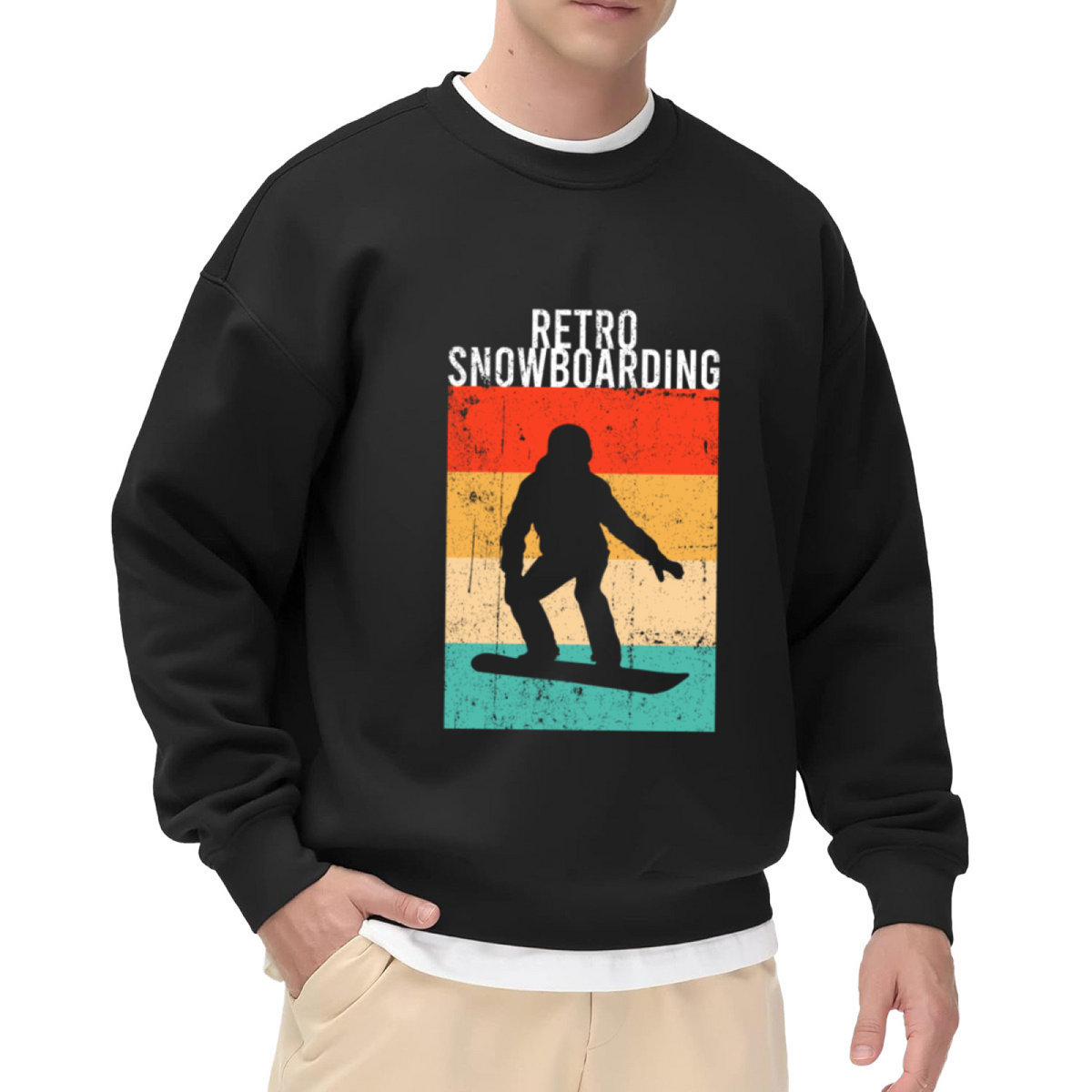 Retro Snowboarding Sweatshirt | Vintage 70s Snowboarder Silhouette Graphic Crewneck, Distressed Winter Sports Pullover Top, Snowboard Gift for Men Women