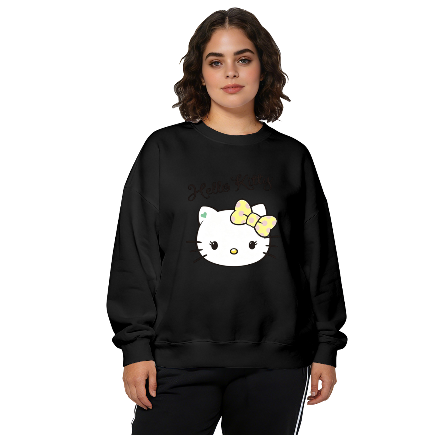 Vintage Yellow Bow Hello Kitty Face Graphic Crewneck Sweatshirt