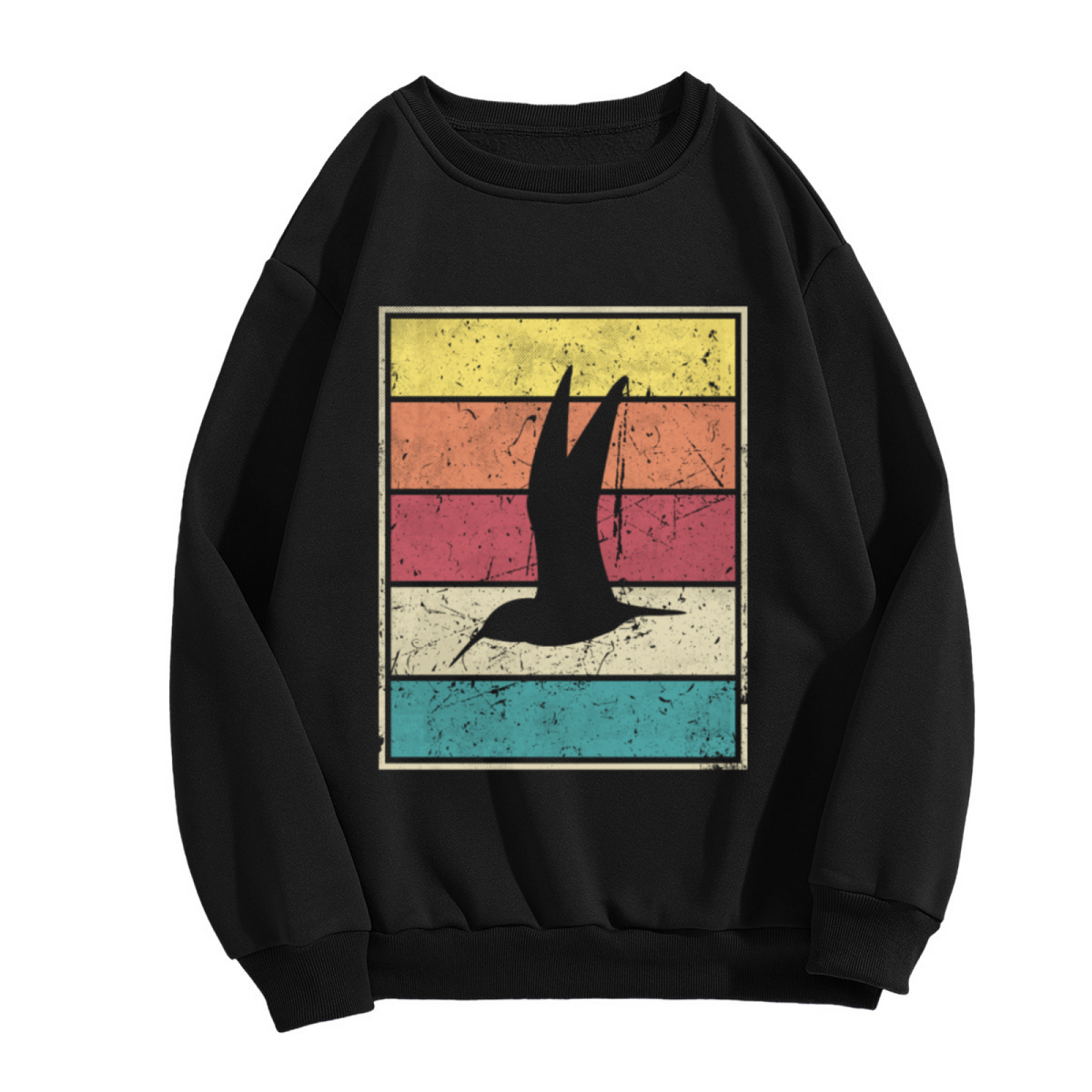 Retro Sunset Stripes Bird Crewneck Sweatshirt | Vintage Distressed Color Band Pullover, Seagull Silhouette Graphic Top