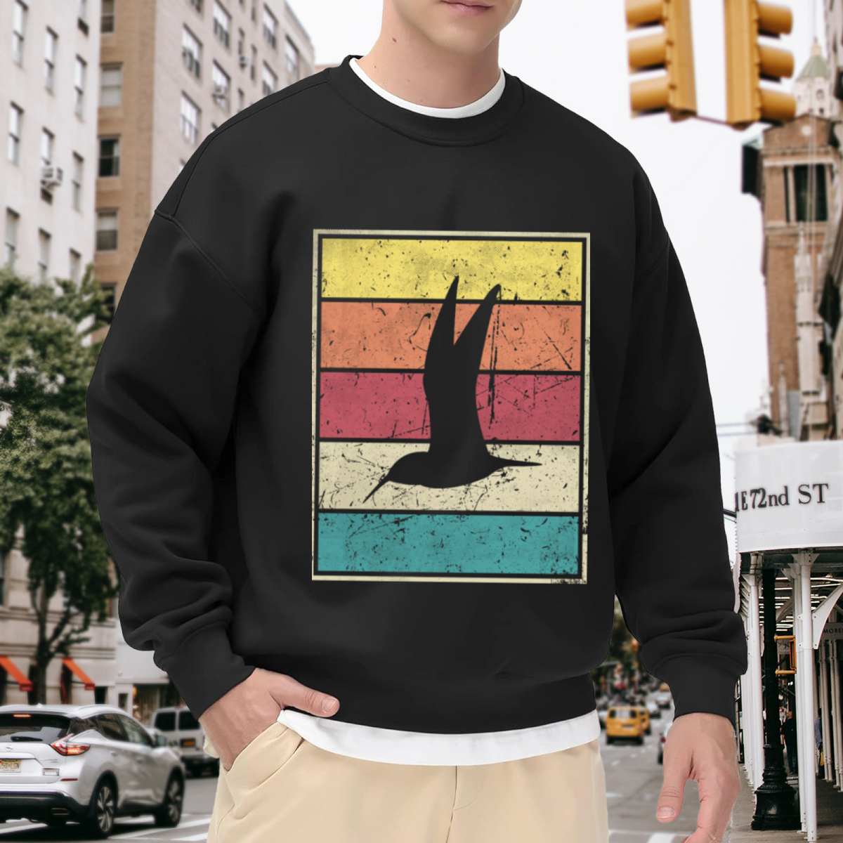 Retro Sunset Stripes Bird Crewneck Sweatshirt | Vintage Distressed Color Band Pullover, Seagull Silhouette Graphic Top