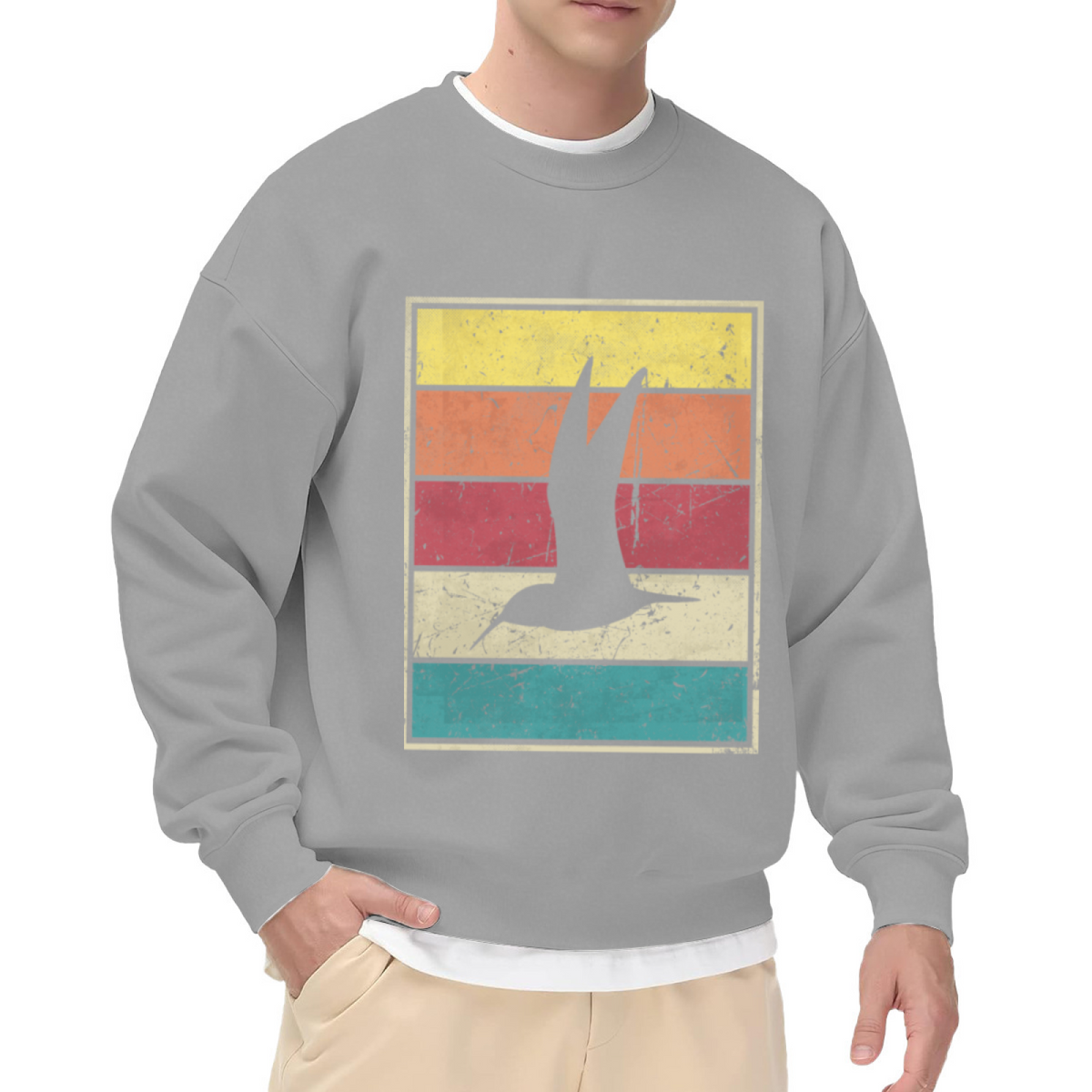 Retro Sunset Stripes Bird Crewneck Sweatshirt | Vintage Distressed Color Band Pullover, Seagull Silhouette Graphic Top