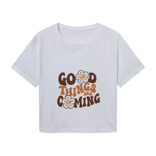 Boho Gray Crop Tee Printed With Flowers & Good Things Are Coming Quote