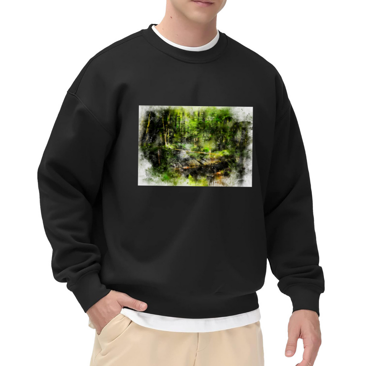 Watercolor Forest Bridge Crewneck Sweatshirt - Nature Landscape Pullover, Serene Woods Scenery, Outdoor Lover Gift