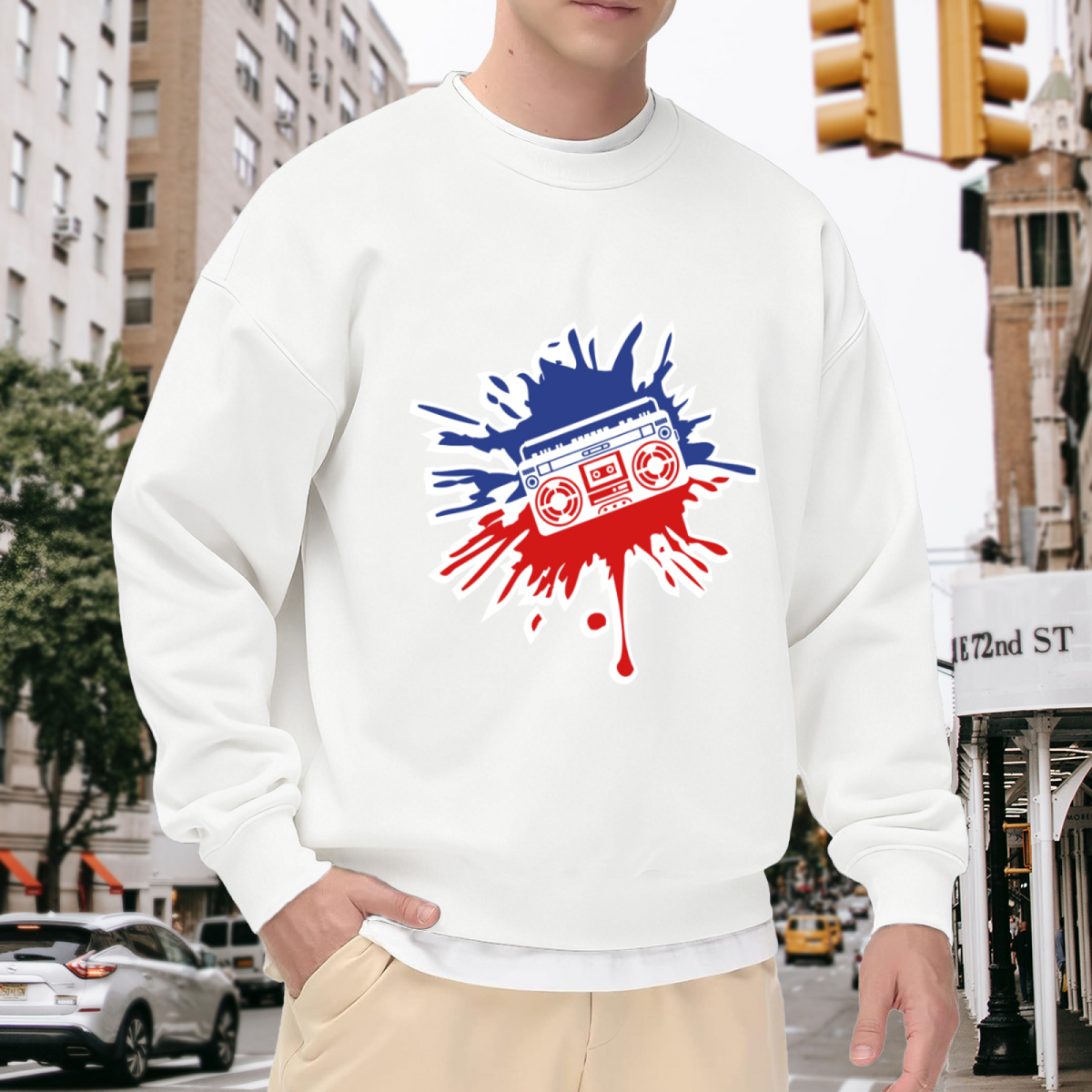 Retro Boombox Splat Art Crewneck Sweatshirt, Streetwear Style for Music Lovers
