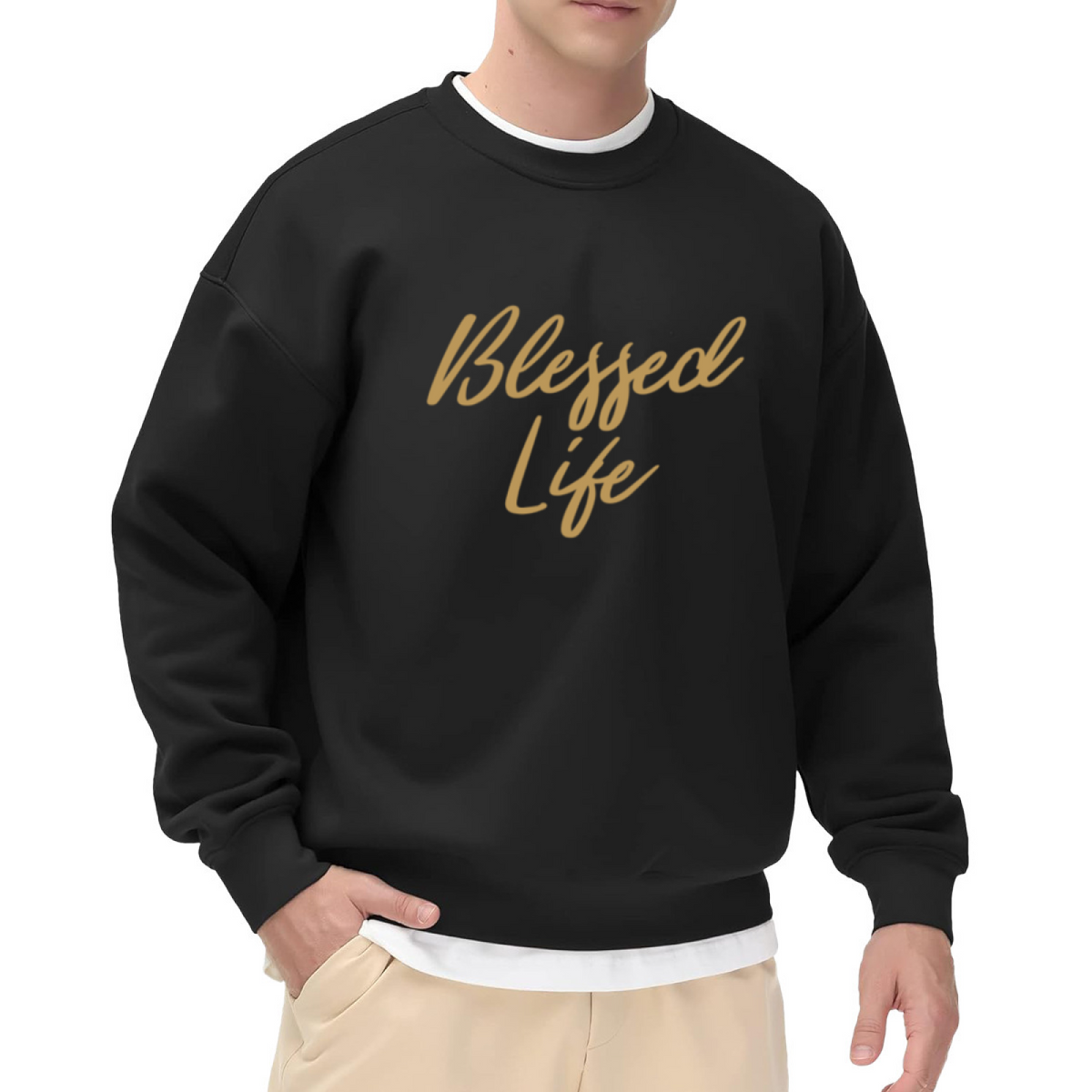 Blessed Life Gold Script Calligraphy Crewneck Sweatshirt | Inspirational Gratitude Quote Pullover, Spiritual Gift Top