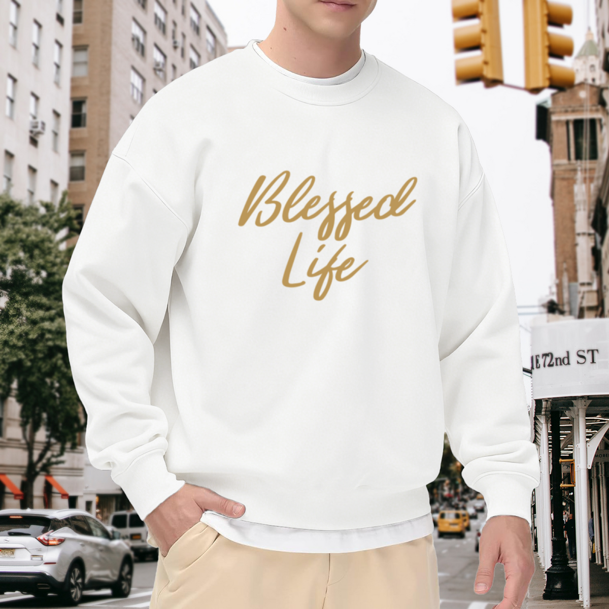 Blessed Life Gold Script Calligraphy Crewneck Sweatshirt | Inspirational Gratitude Quote Pullover, Spiritual Gift Top