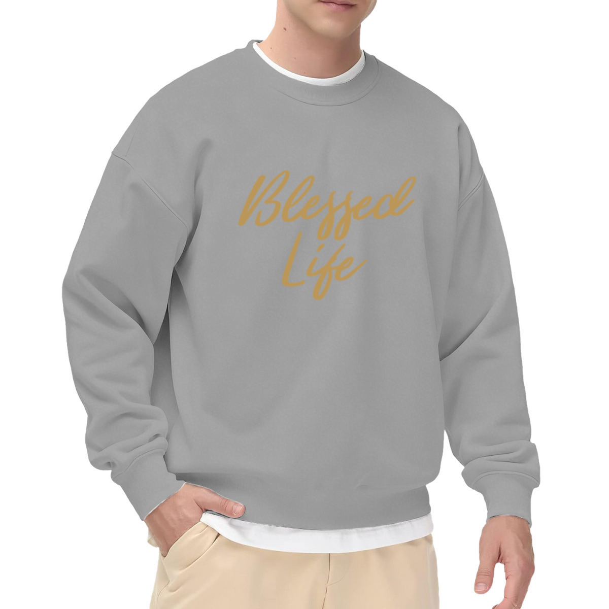 Blessed Life Gold Script Calligraphy Crewneck Sweatshirt | Inspirational Gratitude Quote Pullover, Spiritual Gift Top