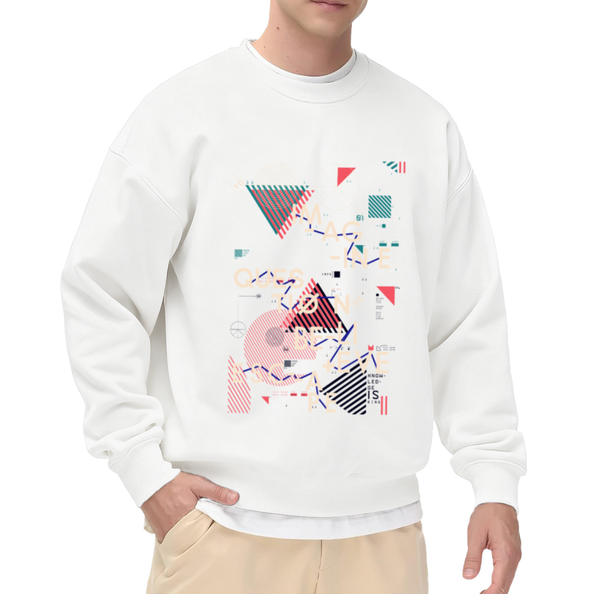 Imagine Question Believe Escape Geometric Crewneck Sweatshirt | Abstract Split Typography Pullover, Modern Design Streetwear Top