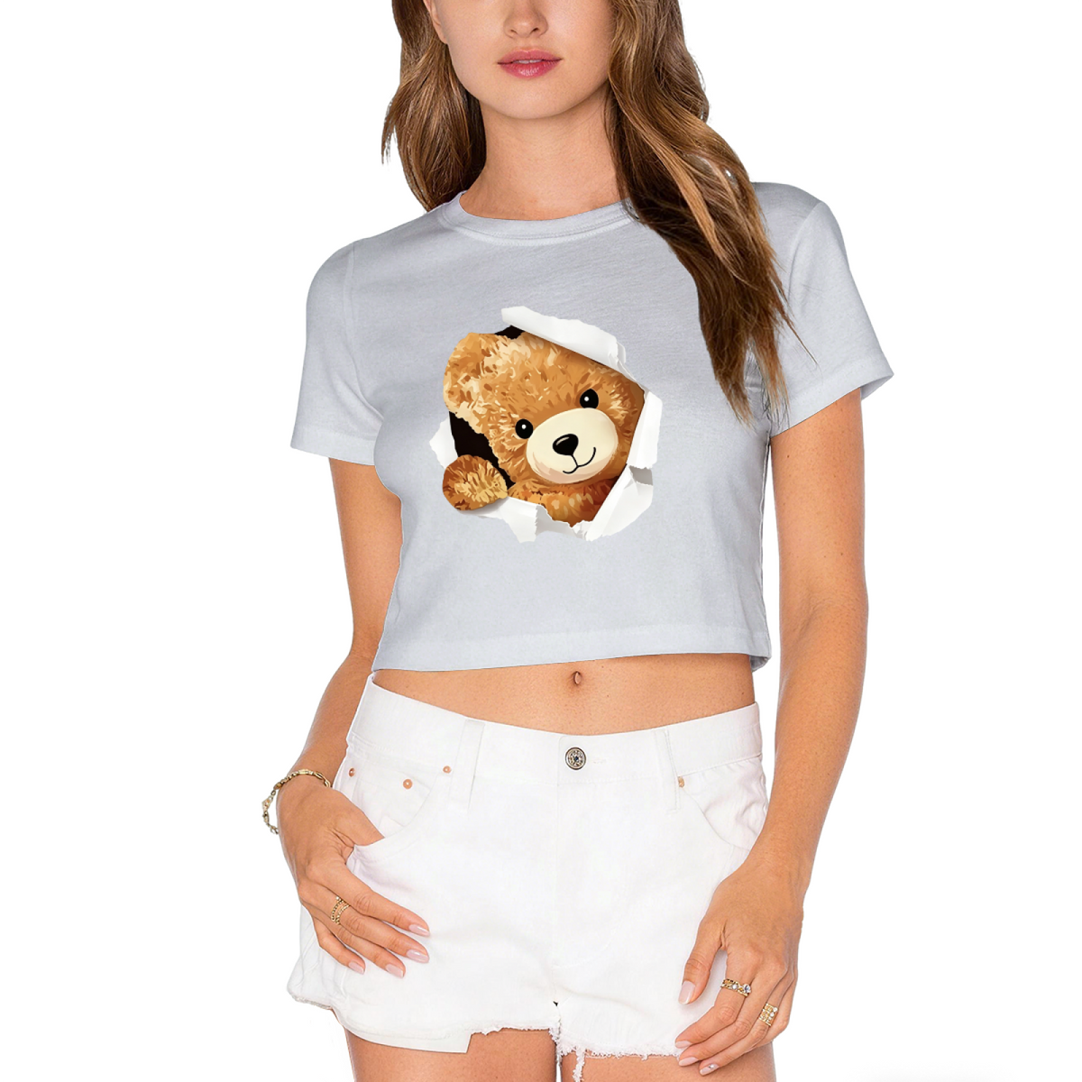 Torn Paper Teddy Bear White Crop Top ¨C Adorable 3D Bear Print Tee