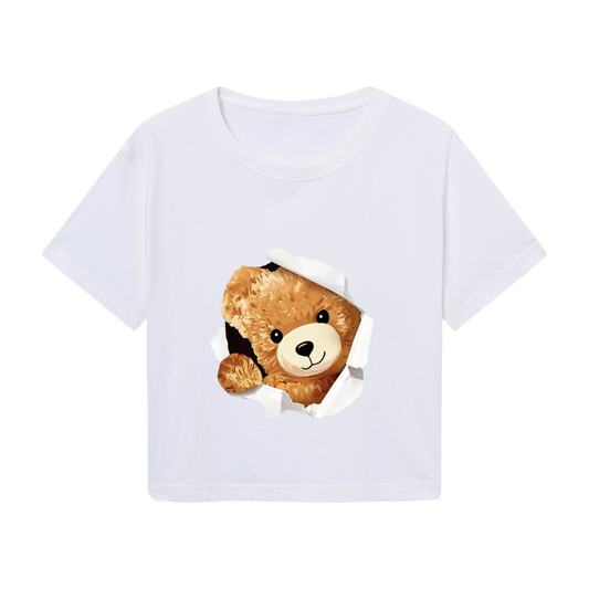 Torn Paper Teddy Bear White Crop Top ¨C Adorable 3D Bear Print Tee