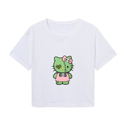 Spooky Zombie Hello Kitty Unique Graphic Cropped Top Cool Y2K Tee