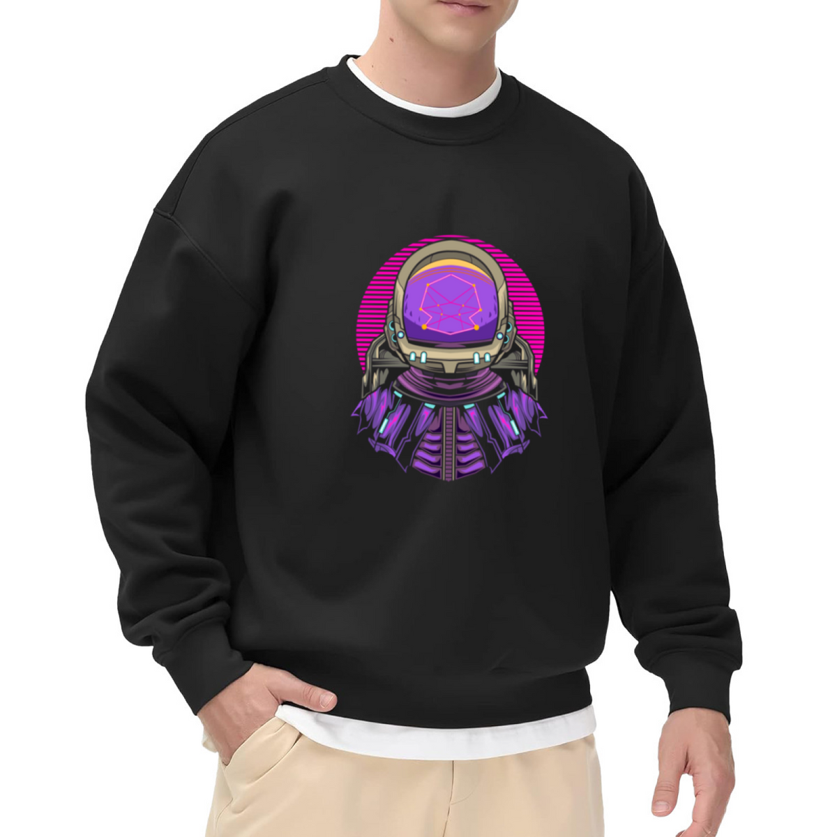 Retro Astronaut Synthwave Crewneck Sweatshirt, Vaporwave Space Helmet Pullover, Sci Fi Gift