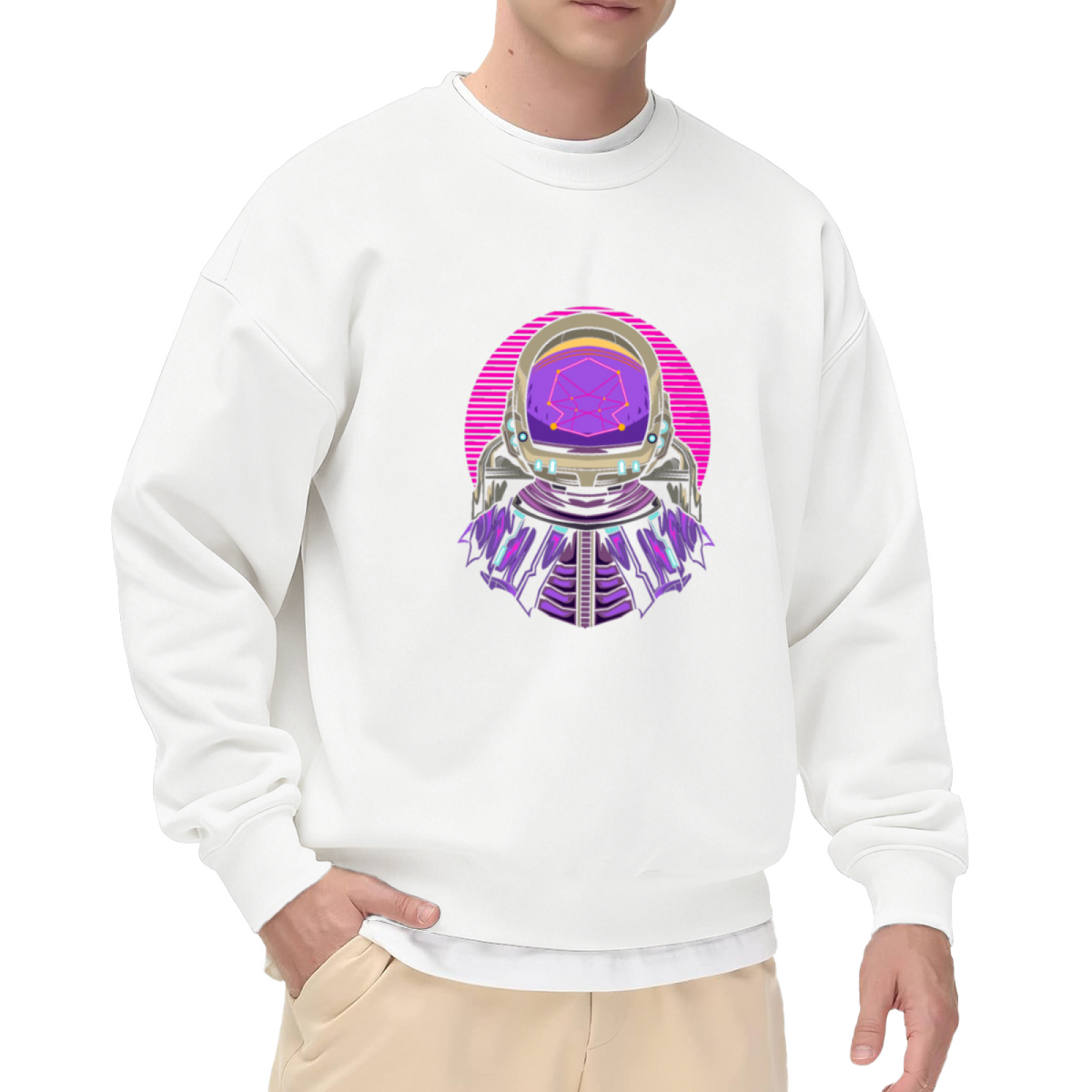 Retro Astronaut Synthwave Crewneck Sweatshirt, Vaporwave Space Helmet Pullover, Sci Fi Gift