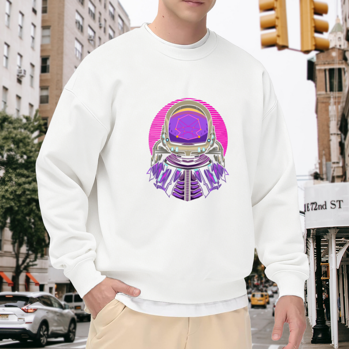 Retro Astronaut Synthwave Crewneck Sweatshirt, Vaporwave Space Helmet Pullover, Sci Fi Gift