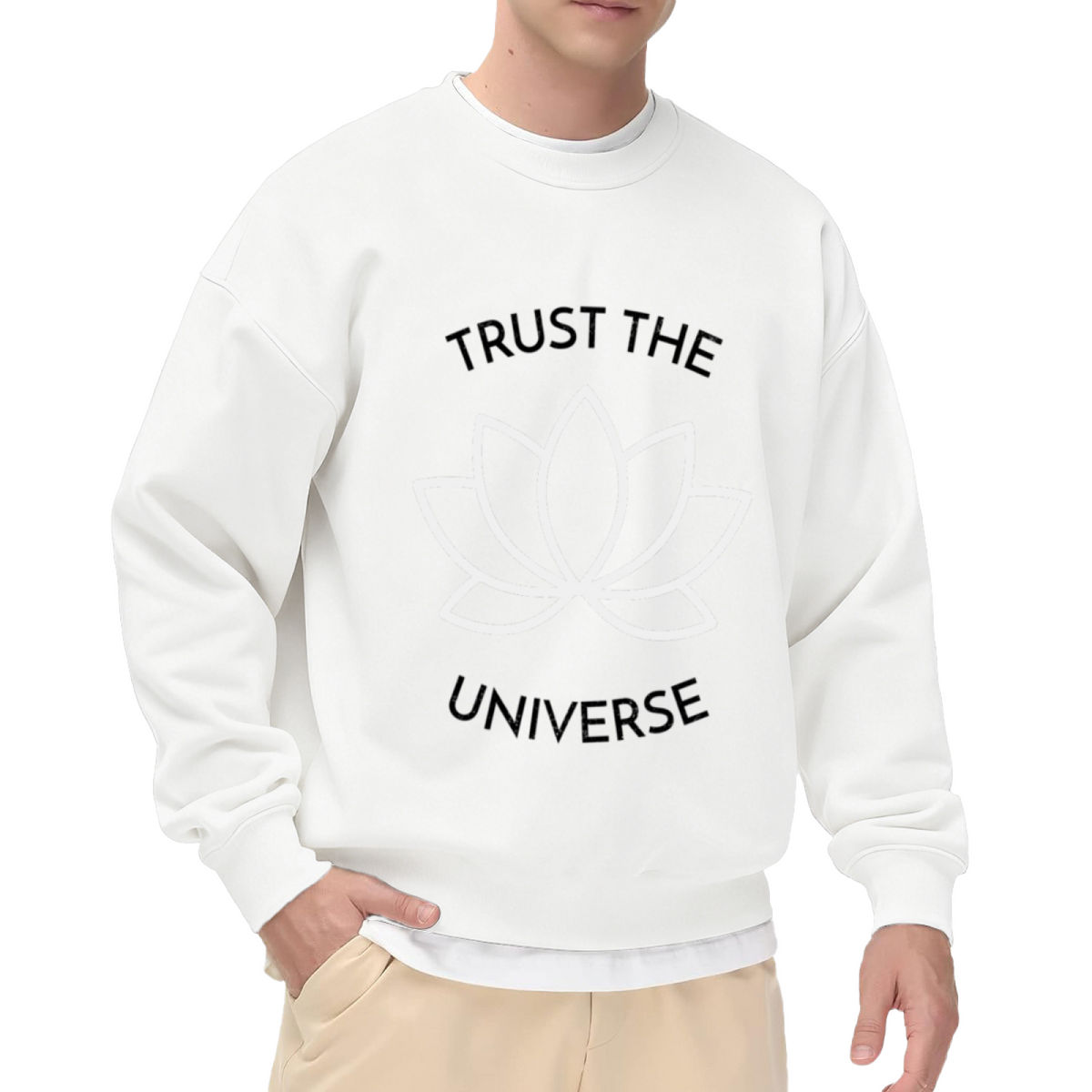 Trust The Universe Lotus Flower Crewneck Sweatshirt | Minimalist Line Art Spiritual Pullover, Zen Meditation Graphic Top, Positive Vibes Unisex Sweatshirt