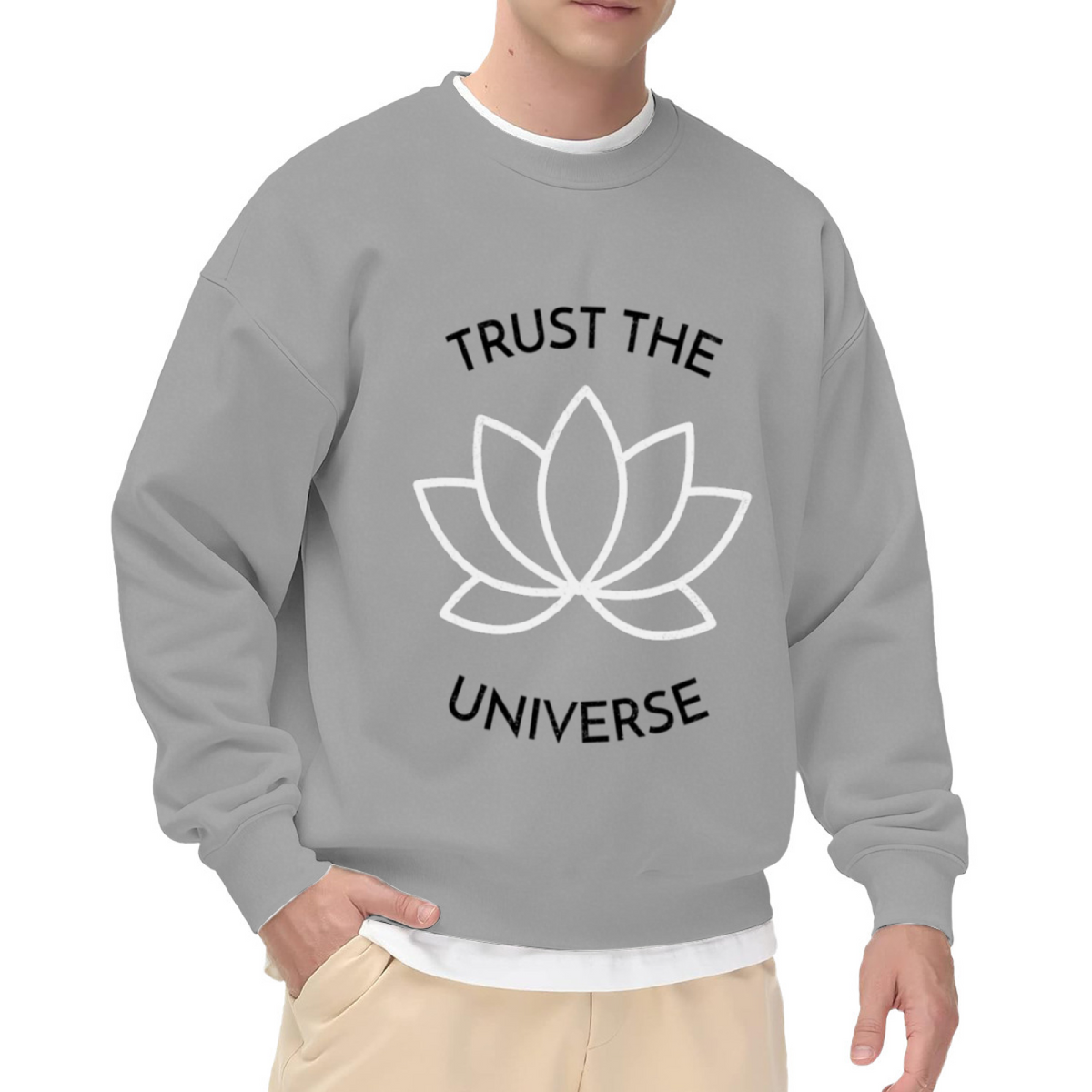 Trust The Universe Lotus Flower Crewneck Sweatshirt | Minimalist Line Art Spiritual Pullover, Zen Meditation Graphic Top, Positive Vibes Unisex Sweatshirt