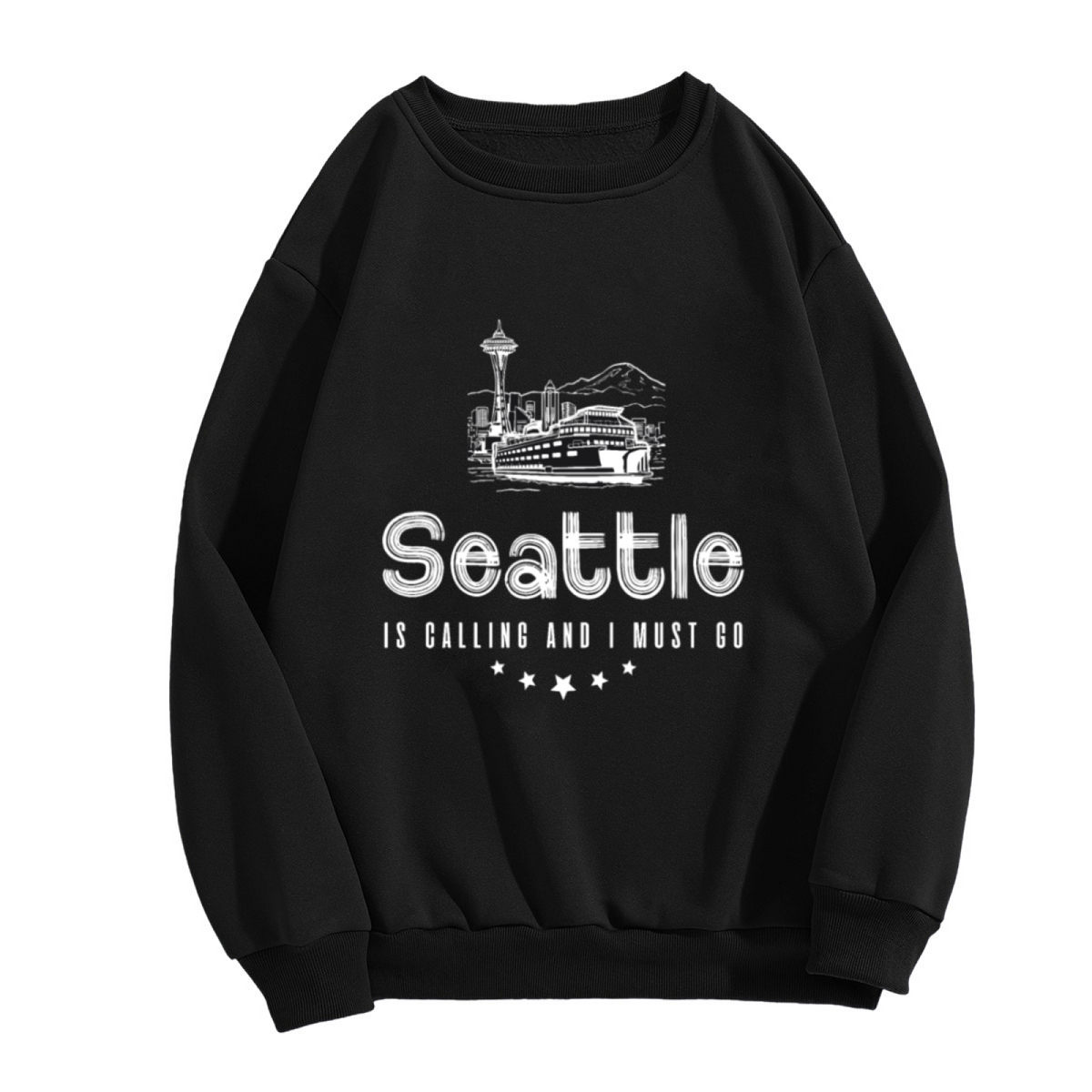 Seattle Is Calling And I Must Go Crewneck Sweatshirt with Space Needle and Ferry Print