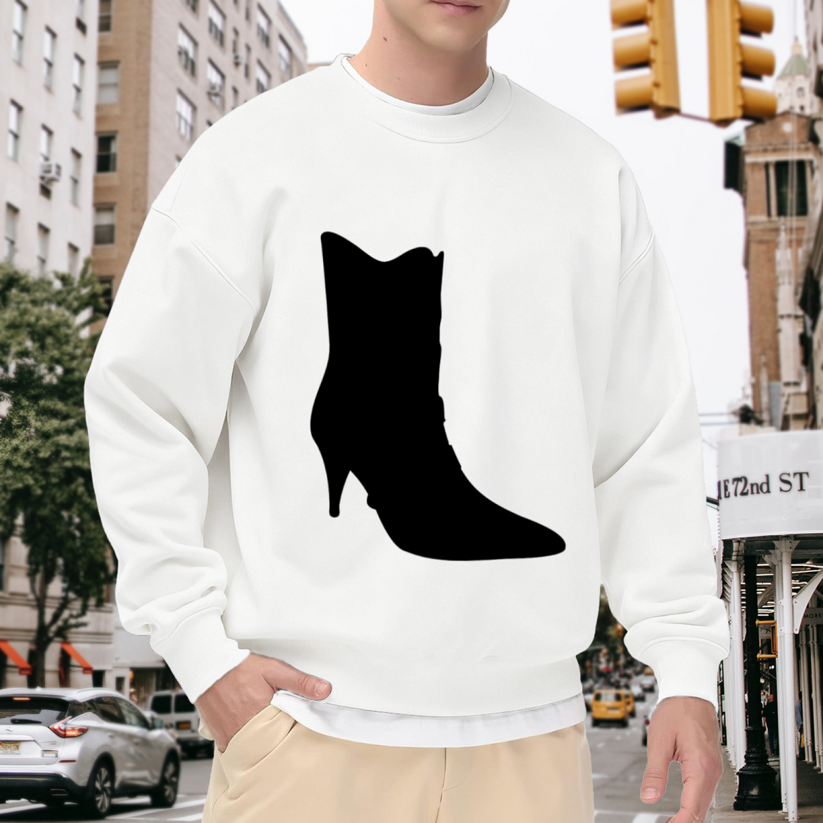 Sleek Black High Heel Boot Silhouette Design Crewneck Sweatshirt, Chic Footwear Fashion Graphic