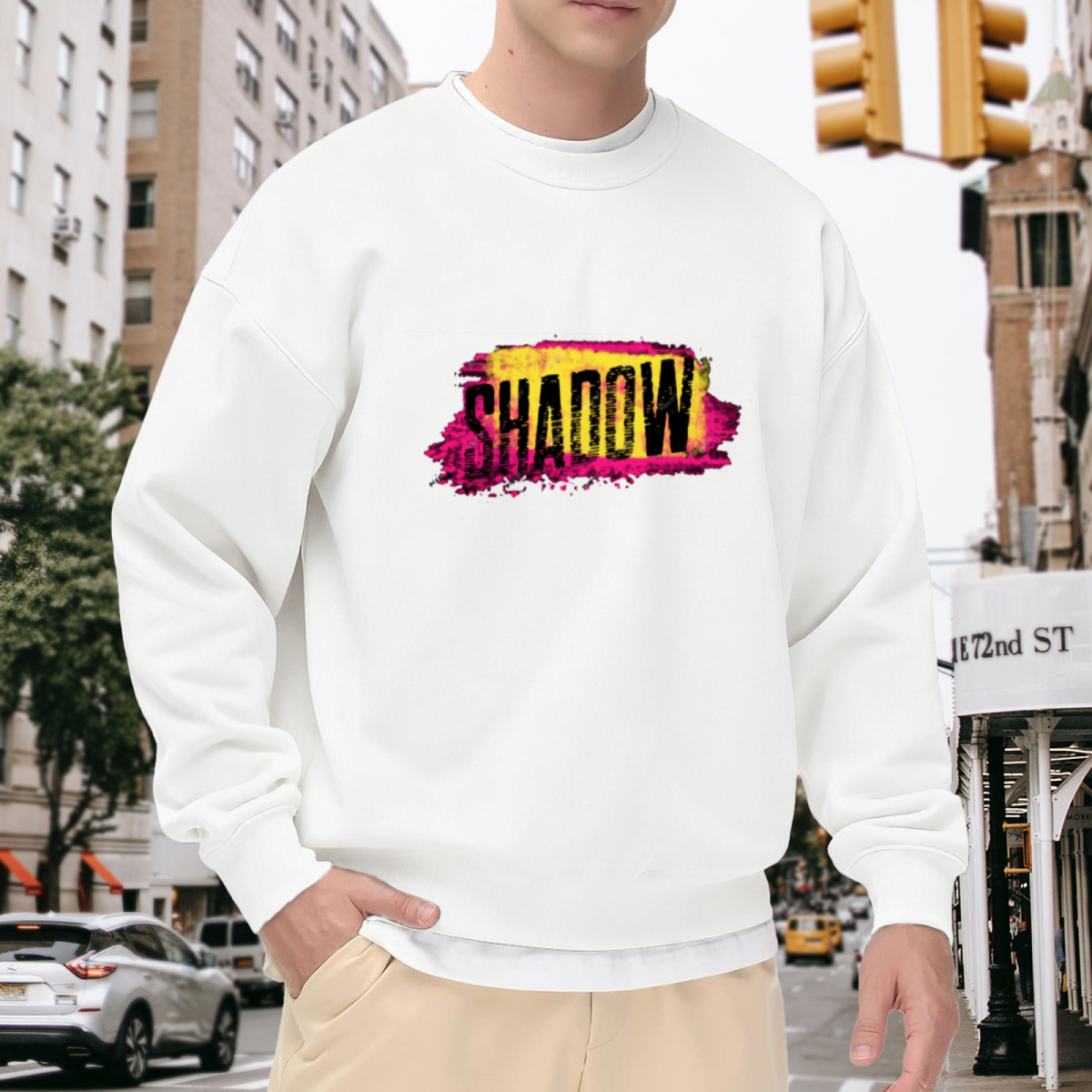 SHADOW Distressed Grunge Typography Crewneck Sweatshirt – Bold Splash Paint Graphic Streetwear Pullover for Men and Women Casual
