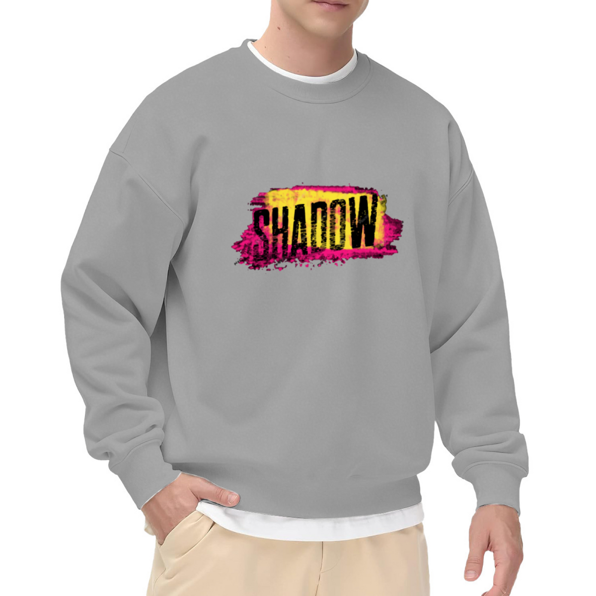 SHADOW Distressed Grunge Typography Crewneck Sweatshirt – Bold Splash Paint Graphic Streetwear Pullover for Men and Women Casual
