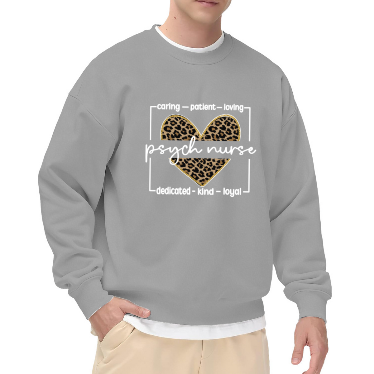 Psych Nurse Leopard Heart Crewneck Sweatshirt | Mental Health Nurse Pullover, Caring Words Graphic Top, Nurse Appreciation Gift