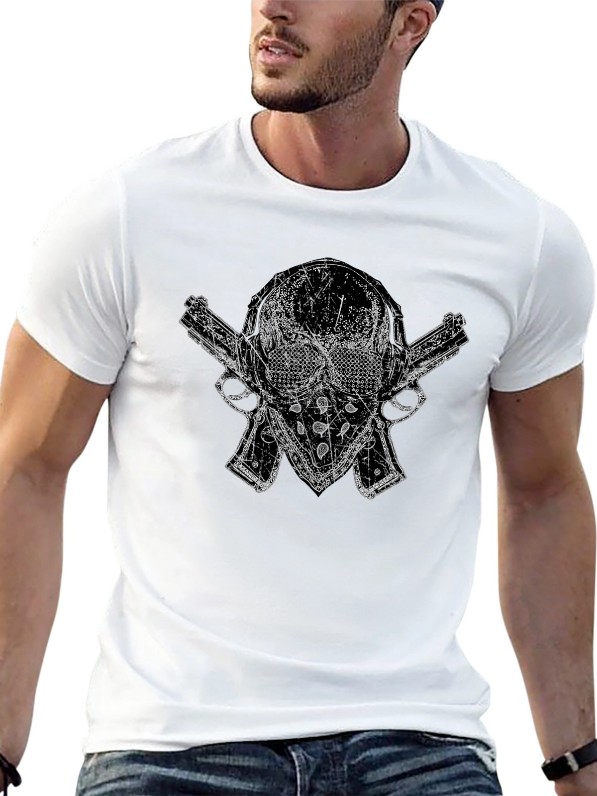 Skull & Guns Graphic Tee - Black Cotton