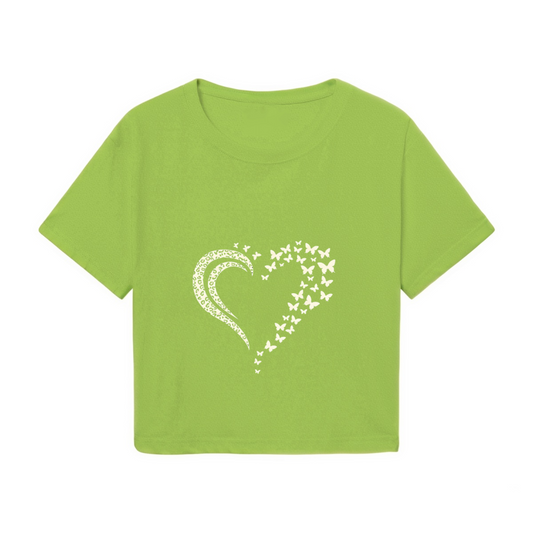 Fluttering Butterfly Heart Lime Green Cropped T-Shirt ¨C Cute Nature Aesthetic Top