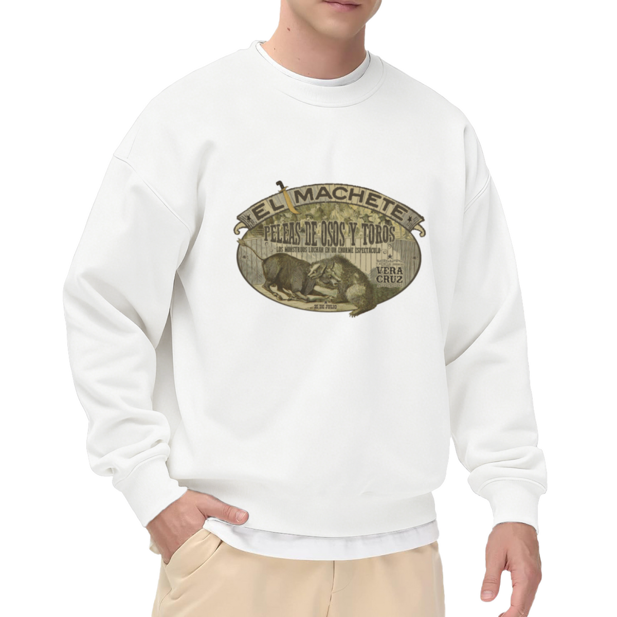Vintage Crewneck Sweatshirt with Bear and Bull Fight Poster Design in Spanish ""EL MACHETE"" - Retro Graphic Pullover