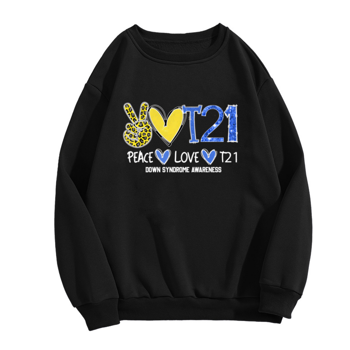 Peace Love T21 Down Syndrome Awareness Crewneck Sweatshirt - Leopard Heart Support Gift, Awareness Ribbon Pullover