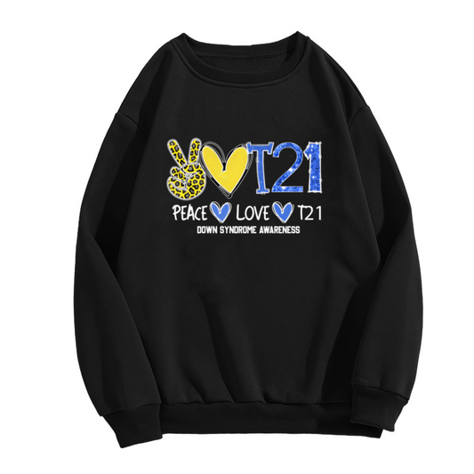 Peace Love T21 Down Syndrome Awareness Crewneck Sweatshirt - Leopard Heart Support Gift, Awareness Ribbon Pullover