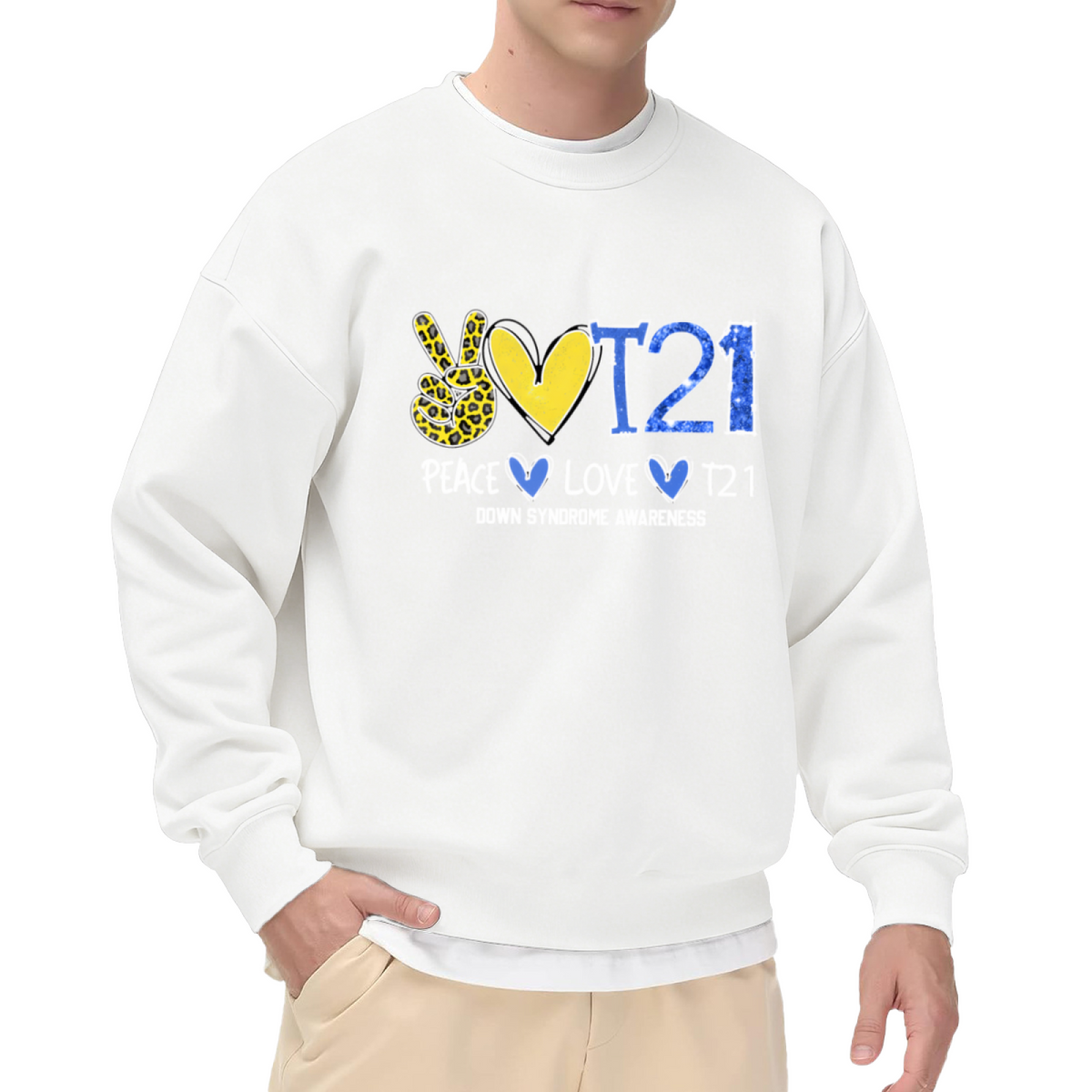 Peace Love T21 Down Syndrome Awareness Crewneck Sweatshirt - Leopard Heart Support Gift, Awareness Ribbon Pullover