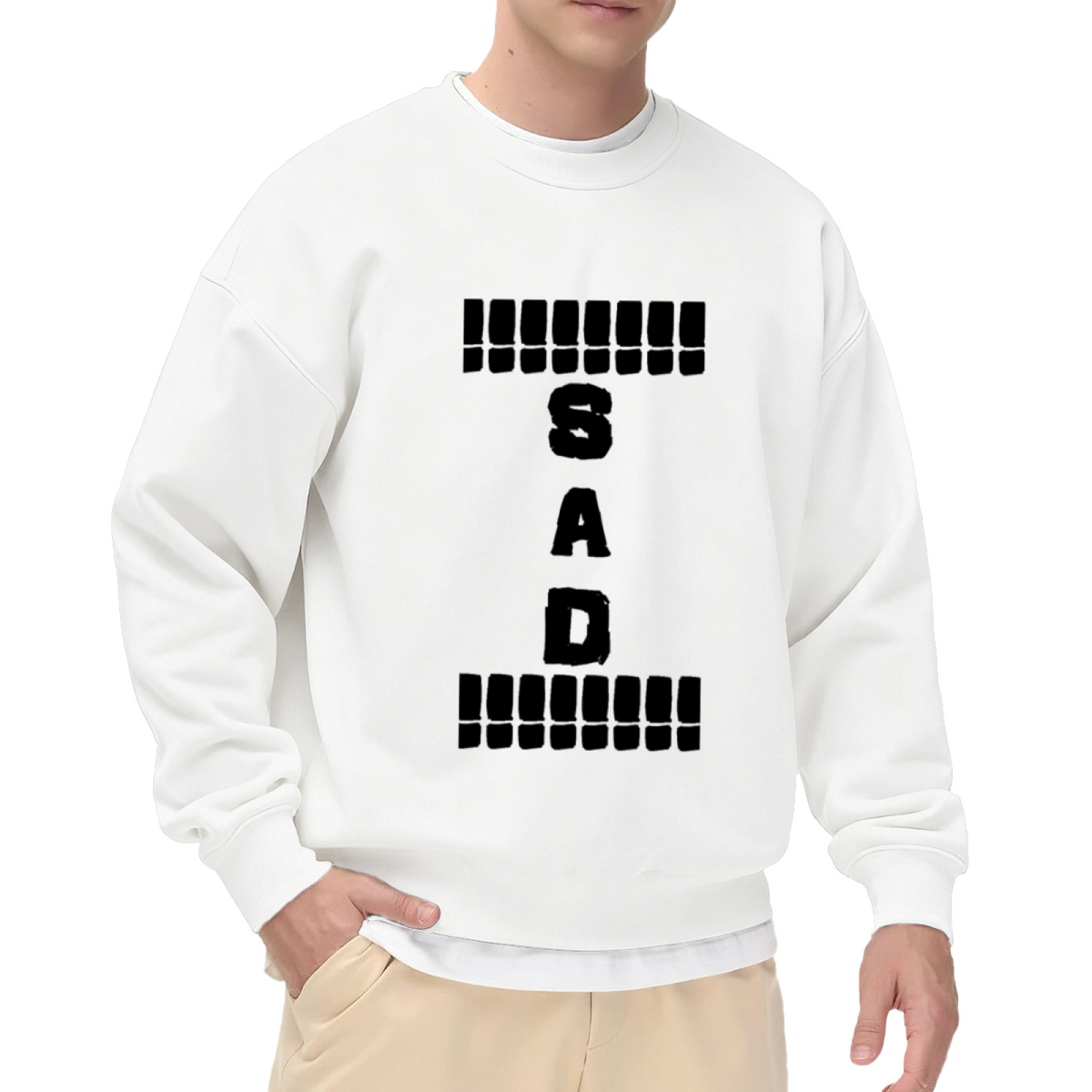 SAD Exclamation Crewneck Sweatshirt - Grunge Distressed Lettering Pullover, Moody Streetwear Top, Emo Aesthetic Graphic