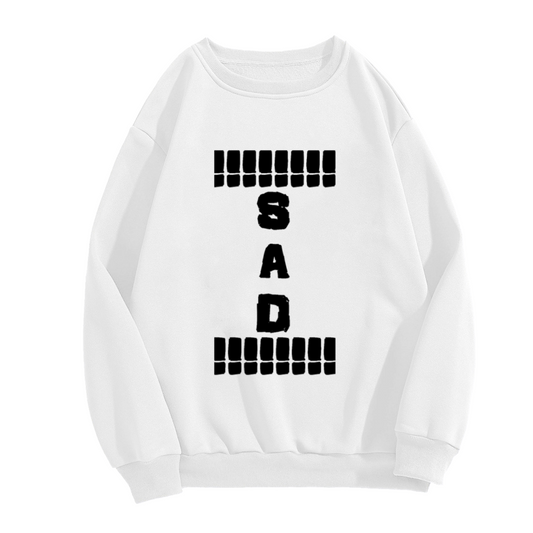 SAD Exclamation Crewneck Sweatshirt - Grunge Distressed Lettering Pullover, Moody Streetwear Top, Emo Aesthetic Graphic