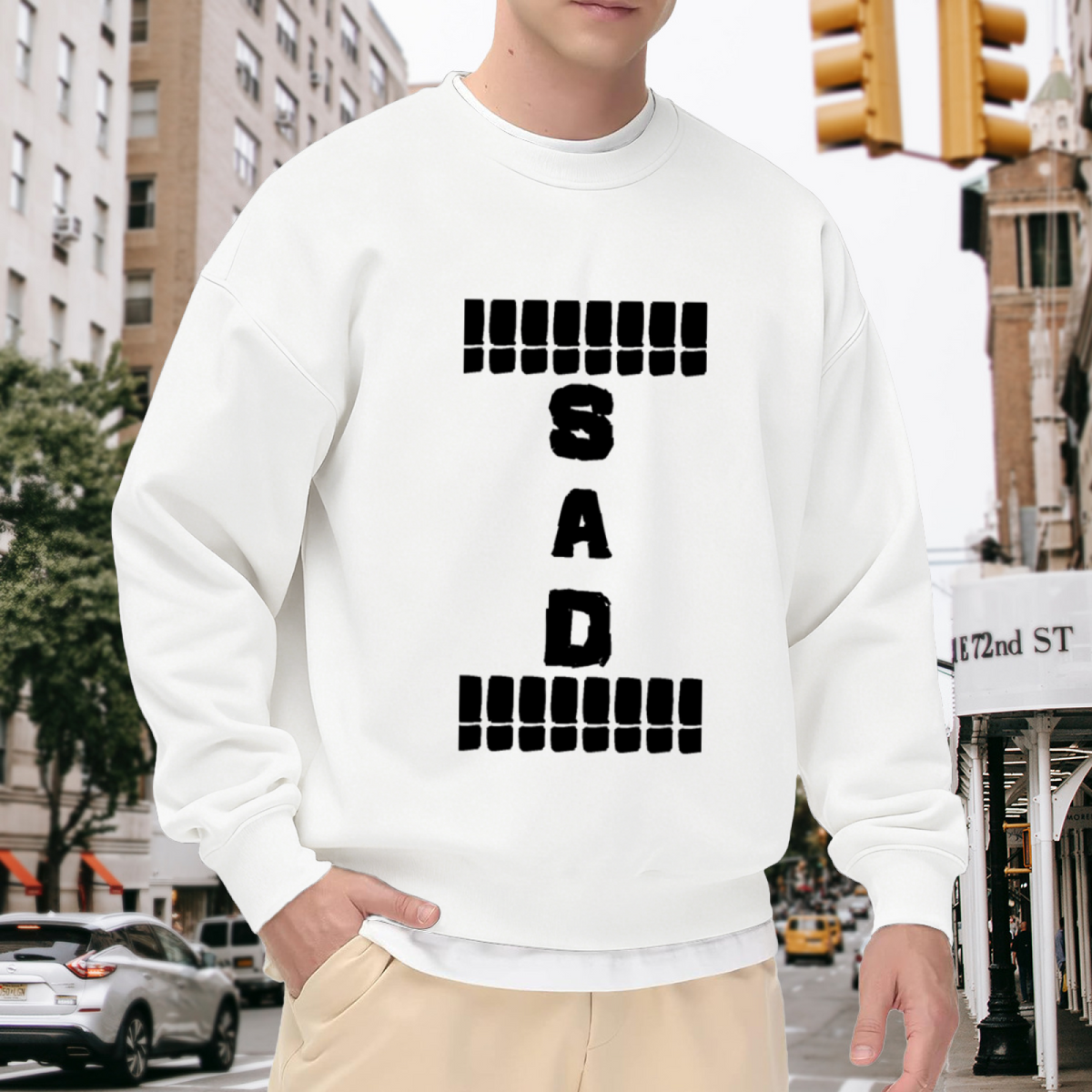 SAD Exclamation Crewneck Sweatshirt - Grunge Distressed Lettering Pullover, Moody Streetwear Top, Emo Aesthetic Graphic