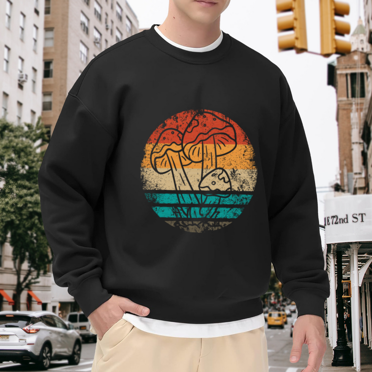 Retro Mushroom Sunset Circle Crewneck Sweatshirt | Vintage Toadstool 70s Pullover, Nature Gift