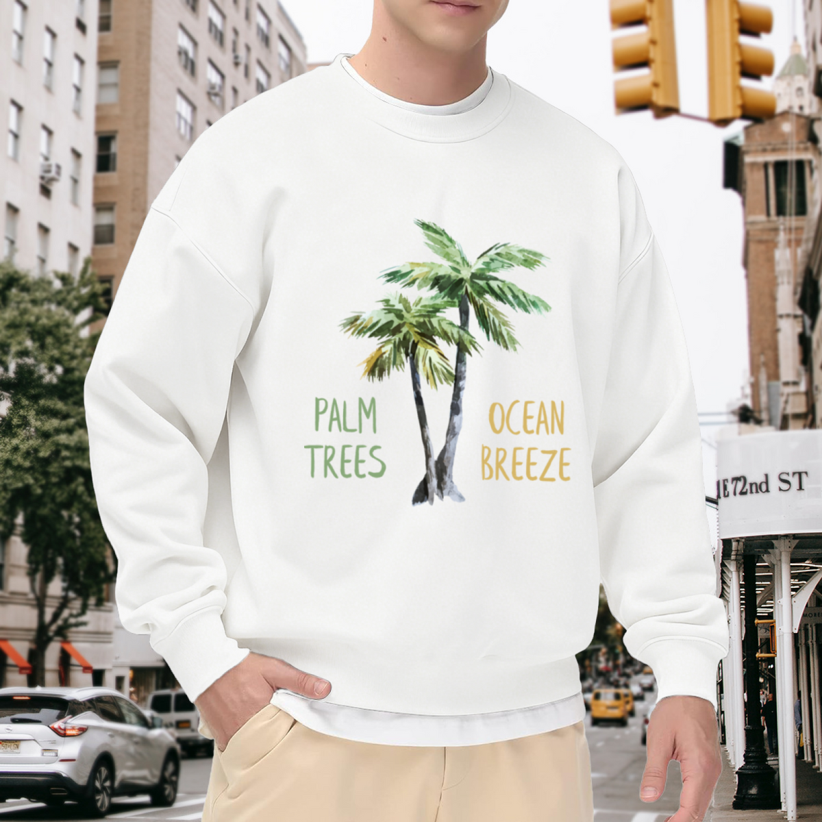 Palm Trees Ocean Breeze Watercolor Tropical Crewneck Sweatshirt | Beach Vacation Palm Tree Graphic Pullover, Coastal Gift Top