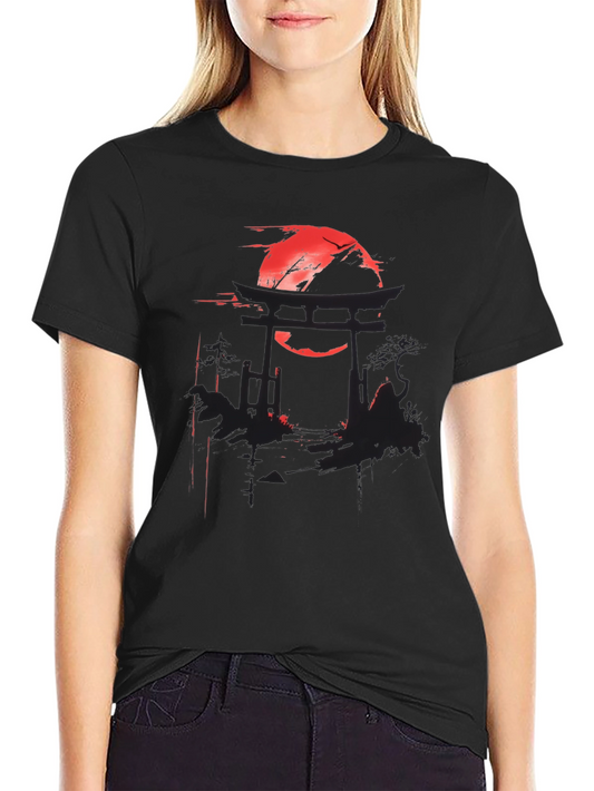 Black T-Shirt with Japanese Torii Gate and Red Sun Design