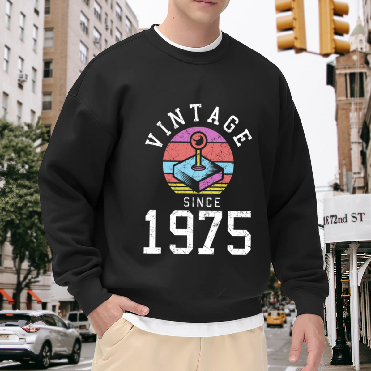 Vintage Since 1975 Retro Arcade Joystick Crewneck Sweatshirt | 70s Gaming Nostalgia Graphic Pullover, 1975 Birthday Gift Top